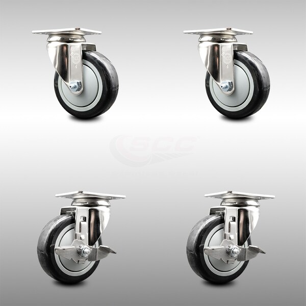Service Caster 4 Inch 316SS Black Polyurethane Wheel Swivel Top Plate Caster Brakes SCC, 2PK SCC-SS31620S414-PPUB-BLK-2-TLB-2 - main